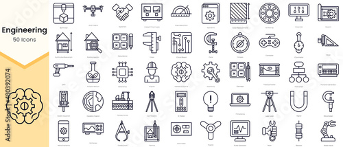 Simple Outline Set of Engineering Icons. Thin Line Collection contains such Icons as aerial imaging, agreement, applications, caliper, circuit board and more