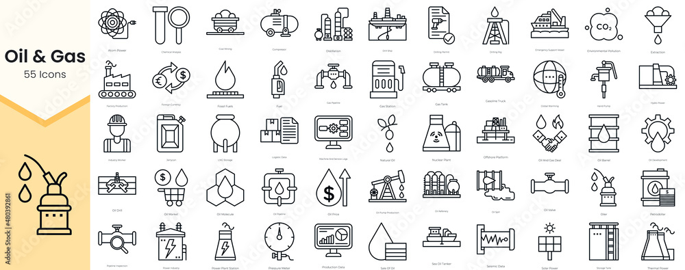 Simple Outline Set of Oil & Gas Icons. Thin Line Collection contains such Icons as atom power, chemical analysis, coal mining, compressor and more