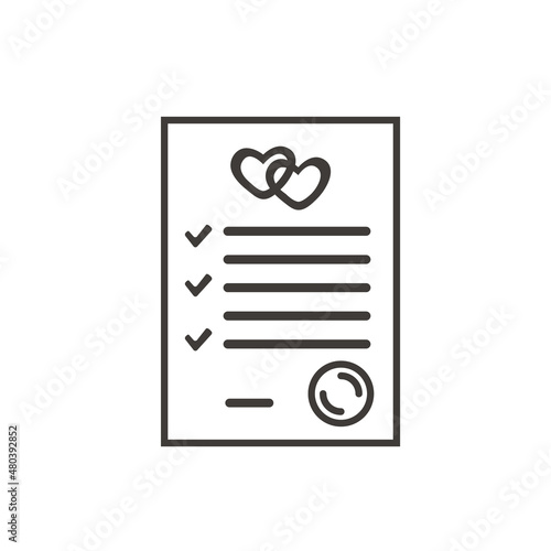 Marriage contract outline icon. Prenup signed certificate. Prenuptial agreement form with check marks, two hearts and notary stamp. Marital document. Vector illustration isolated on white.