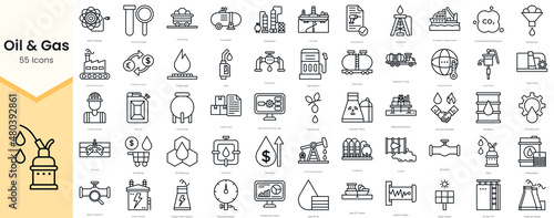 Simple Outline Set of Oil & Gas Icons. Thin Line Collection contains such Icons as atom power, chemical analysis, coal mining, compressor and more photo