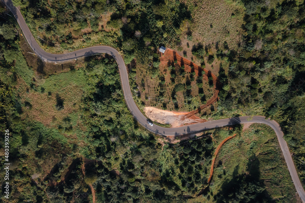 winding road on mountain at chianng rai Thailand aerial top view