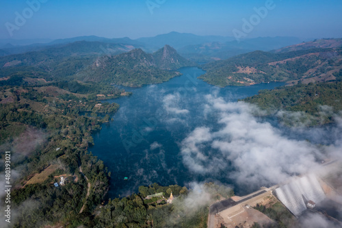 beautiful landscape aerial view mae suai dam or reservoir blue sky background at chiang rai Thailand photograph from drone of point view