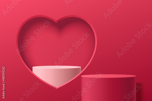Realistic red 3D cylinder stand podium with with white podium in heart shape window. Valentine minimal scene for products showcase, Promotion display. Vector abstract studio room  platform design.