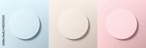 Set of 3d blue, beige and pink pastel color circle frame design in minimal style. Collection of trendy color geometric background with copy space. Top view scene of podium. Vector illustration