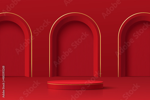 Realistic dark red and gold 3D cylinder pedestal podium with vertical texture in arch door. Minimal scene for products showcase, Promotion display. Abstract studio room platform. Happy lantern day.