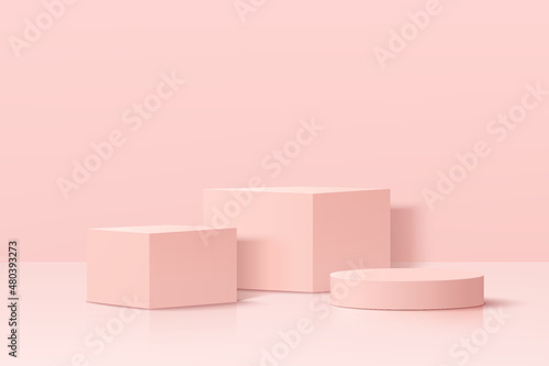 Realistic pastel pink 3D geometric pedestal podium set in abstract room. Minimal scene for products showcase, Happy valentine day promotion display. Vector platform design. Vector illustration © JE48