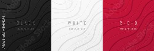Set of dynamic wavy curve lines on black, white, gray and red background. Modern technology futuristic background. Design for banner, cover, web, flyer, card, poster, wallpaper. Vector illustration
