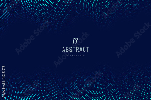 Abstract vibrant green and blue wavy dot line pattern banner design with copy space. Technology particles 3D movement of sound dynamic background. Modern template design. Vector illustration