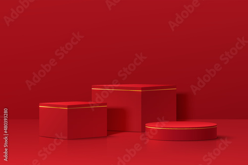 Realistic dark red and gold 3D geometric pedestal podium set in abstract red room. Minimal scene for products showcase, Promotion display. Vector platform design. Happy lantern day concept.