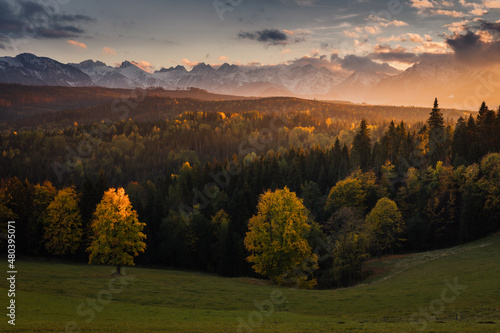 Colorful autumn near the Tatras. Peaks and hills bathed in the light of the setting sun.