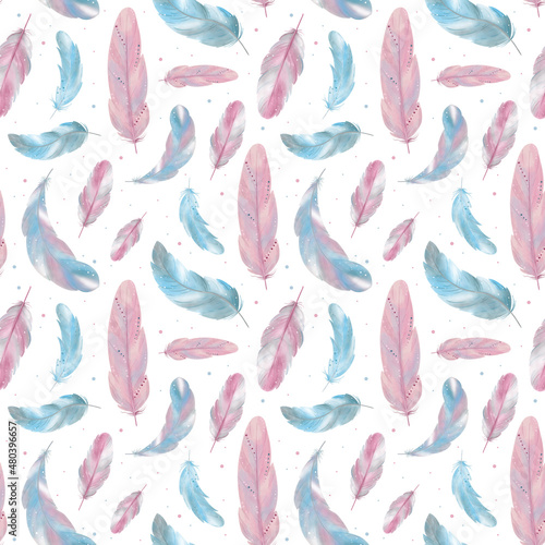 Seamless pattern of delicate feathers. Pink and blue, white background.