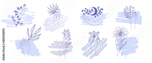 A womans hand holds a branch. Abstract spot frame set in very peri color. Minimalist purple palette background