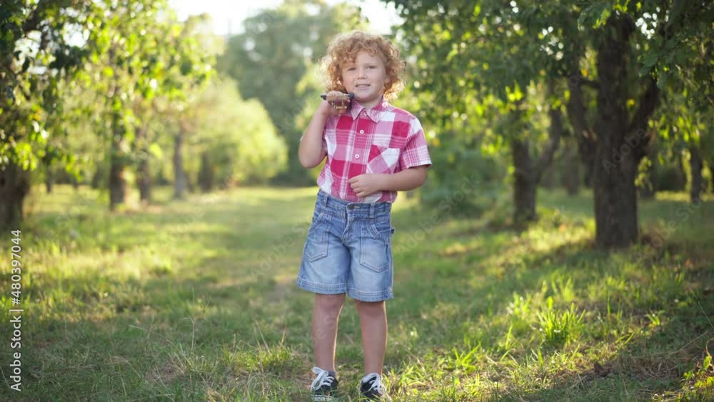 Wide shot portrait of cute redhead curly-haired little boy with ukulele posing in sunny summer spring park. Relaxed confident Caucasian talented kid smiling looking at camera. Skill and childhood Wide shot portrait of cute redhead curly-haired little boy with ukulele posing in sunny summer spring park. Relaxed confident Caucasian talented kid smiling looking at camera. Skill and childhood
