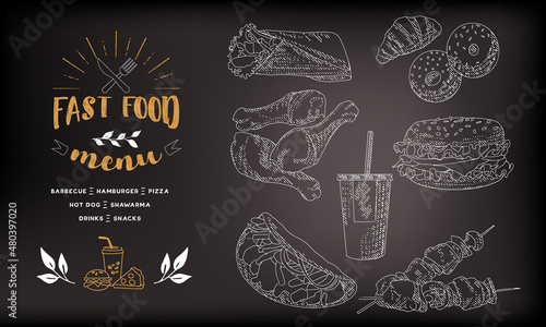 Fast food menu. A set of fast food lunch dishes. Sketch of the engraving food on a blackboard with chalk.