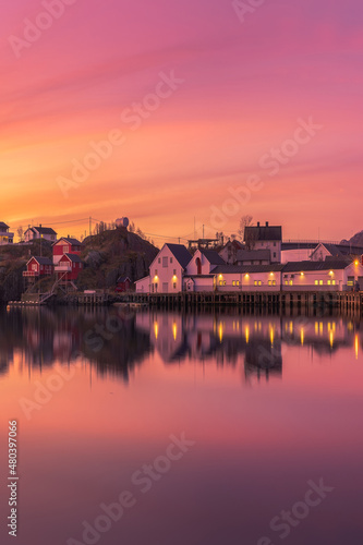 Wallpaper Mural Fishing village near snowy mountains at sundown Torontodigital.ca