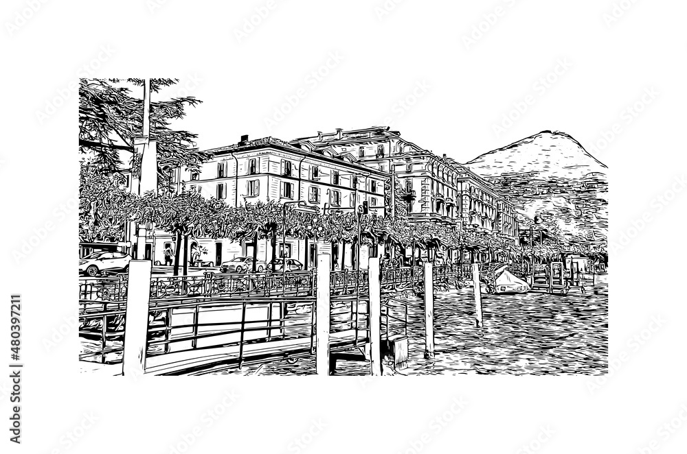 Building  view with landmark of Lugano is a city in southern Switzerland. Hand drawn sketch illustration in vector.