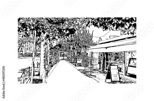 Building  view with landmark of Lugano is a city in southern Switzerland. Hand drawn sketch illustration in vector.