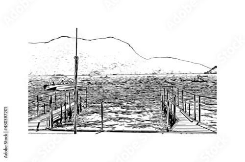Building  view with landmark of Lugano is a city in southern Switzerland. Hand drawn sketch illustration in vector.