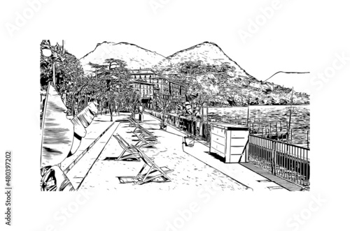 Building  view with landmark of Lugano is a city in southern Switzerland. Hand drawn sketch illustration in vector.