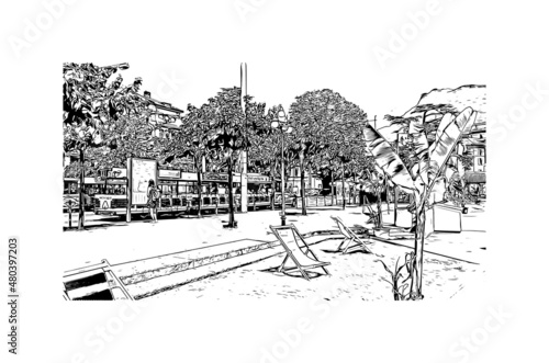 Building  view with landmark of Lugano is a city in southern Switzerland. Hand drawn sketch illustration in vector.