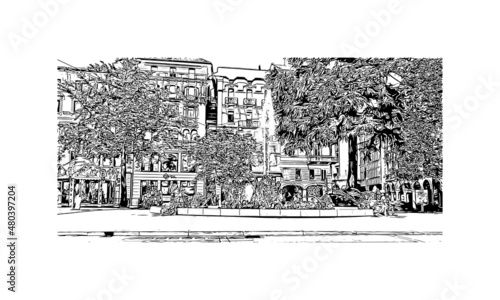 Building  view with landmark of Lugano is a city in southern Switzerland. Hand drawn sketch illustration in vector.