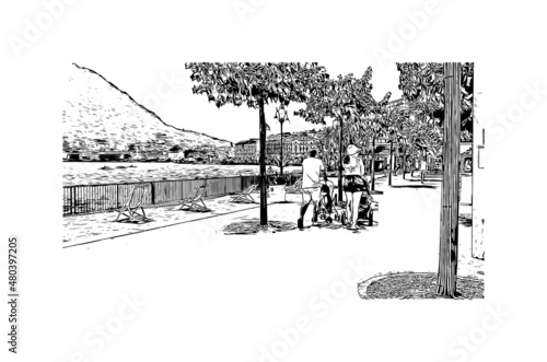 Building  view with landmark of Lugano is a city in southern Switzerland. Hand drawn sketch illustration in vector.