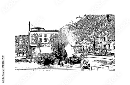 Building  view with landmark of Lugano is a city in southern Switzerland. Hand drawn sketch illustration in vector.