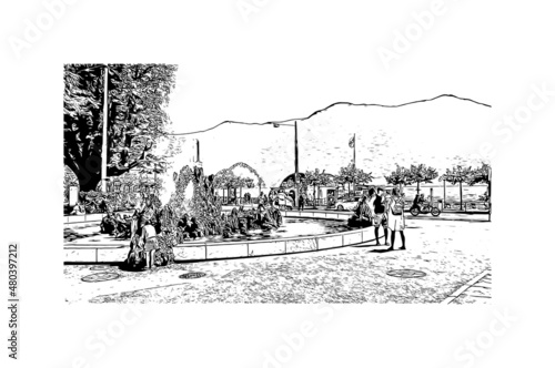 Building  view with landmark of Lugano is a city in southern Switzerland. Hand drawn sketch illustration in vector.