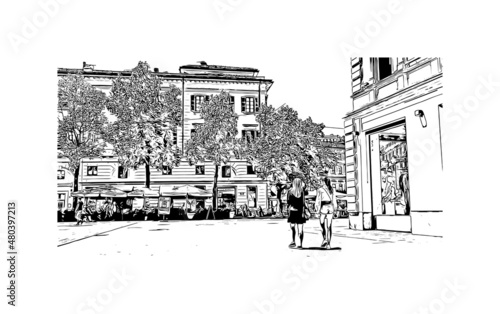 Building  view with landmark of Lugano is a city in southern Switzerland. Hand drawn sketch illustration in vector.