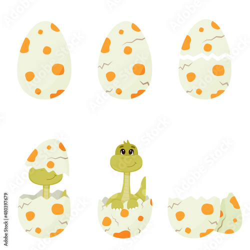 Dinosaur hatching from the egg. Different birth stages of cute little cartoon dinosaur isolated on white background