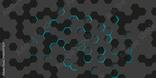 Dark technology hexagonal vector background. Abstract sky bright energy flashes under hexagon in dark technology modern futuristic background vector illustration. Gray honeycomb texture grid.