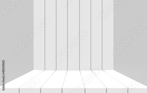 3d rendering. White long bars panel wall and floor on gray background.