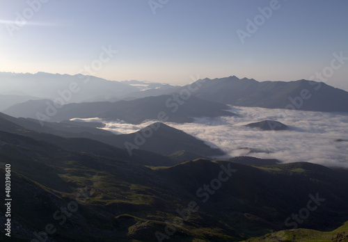 Mountainous part of Cantabria in the north of Spain, hiking route around Alto Campo mountain, summer 