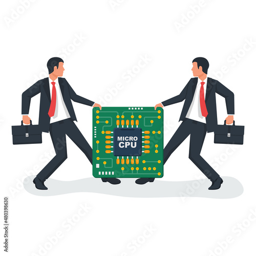 Competition for electronic chip. Shortage semiconductor and computer chip. Two businessman fighting. Electronics manufacturing problem. Vector illustration flat design. Isolated on white background.