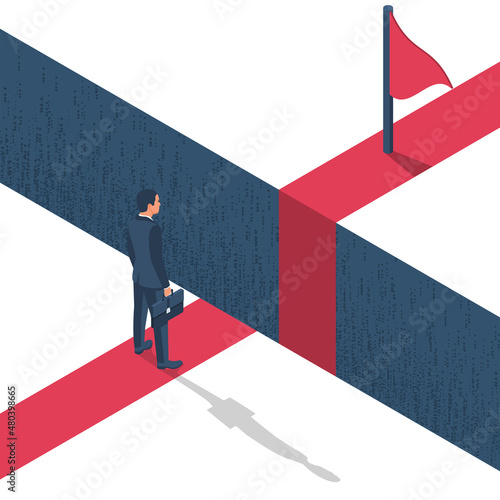 Businessman obstacle metaphor. Conquering adversity. Hurdle on way concept. Overcoming obstacle on road. Vector illustration 3d isometric design. Barrier on way to success. Flag to finish finish line.