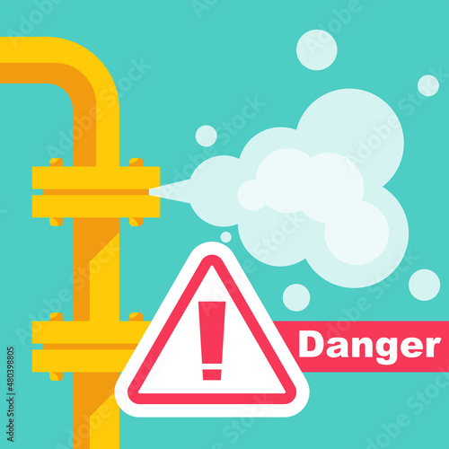 Gas leak. Breakdown pipelines. Danger concept. Warning template. Vector illustration flat design. Isolated on white background.