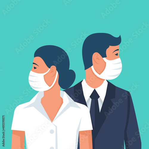 Adult man and woman in a medical mask. Business people in a protective face mask. Vector illustration flat design. Isolated on background. Modern lifestyle. Protection against viruses and diseases.