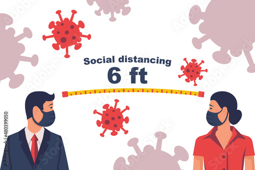 Landing page social distancing. Concept social awareness. Keep distance of 1 meter. Man and woman in protective masks. Coronavirus Prevention covid-19. Vector illustration flat design.