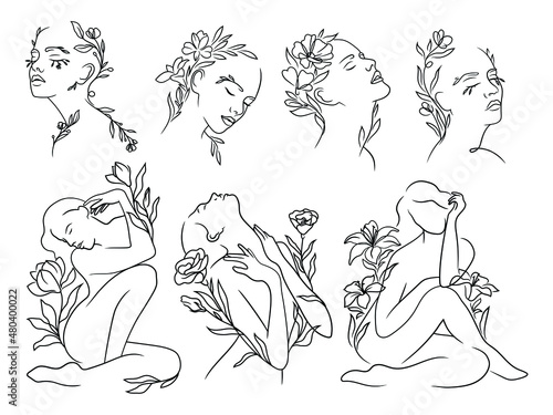Set of floral woman. Collection of woman's body and faces with flower. Design for printing. Blossom. Vector illustration isolated on white background.