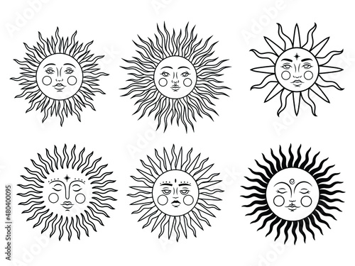 Set of mystic sun. Collection of bohemian style vintage with face. Stylized symbol of tarot card. Mystical element. Tattoo. Wicca sun. Vector illustration on white background.