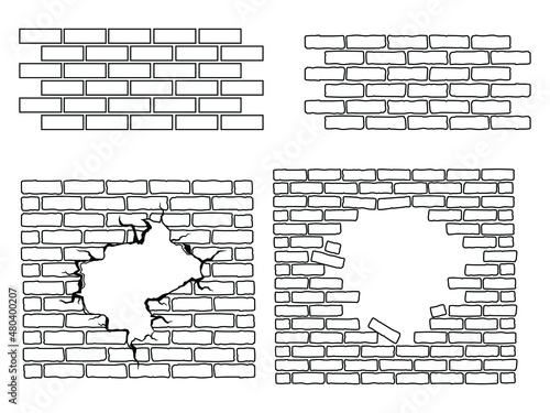 Set of brick wall. Сollection of silhouettes of a brick fence destroyed holes. Vector illustration on a white background.