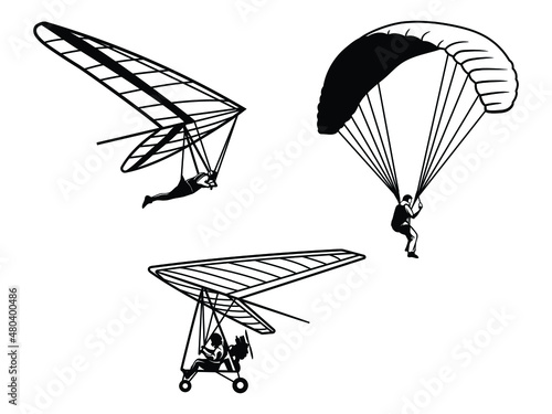 Set of different skydiving. Сollection of extreme sports powered paraglider, parachute. Vector illustration of air active vacation.