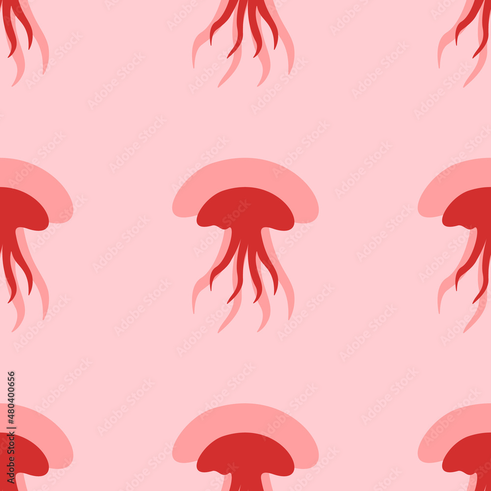 Seamless pattern of large isolated red jellyfish symbols. The elements are evenly spaced. Vector illustration on light red background Seamless pattern of large isolated red jellyfish symbols. The elements are evenly spaced. Vector illustration on light red background