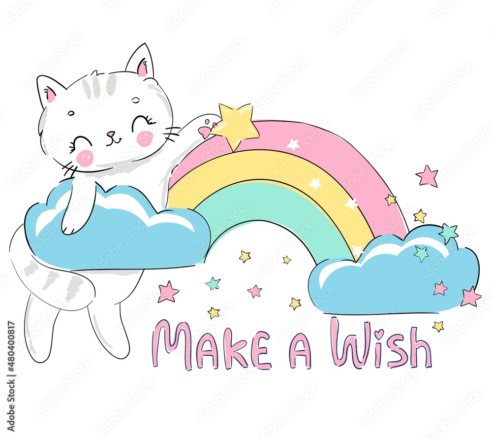 Hand drawn cat and rainbow Cartoon character vector illustration. Childish design print phrase Make a wish Hand drawn cat and rainbow Cartoon character vector illustration. Childish design print phrase Make a wish