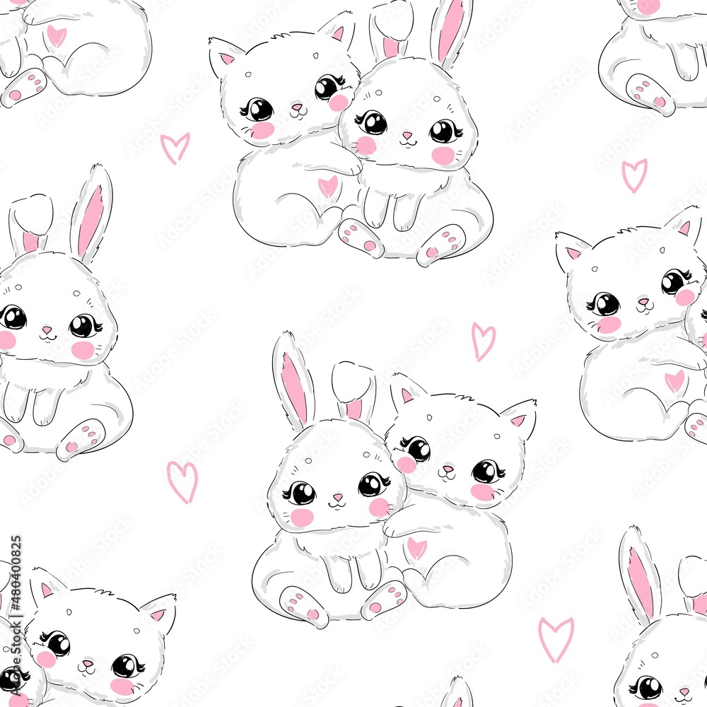 Hand Drawn cute bunny and cat vector illustration seamless pattern, children print Kitten and rabbit