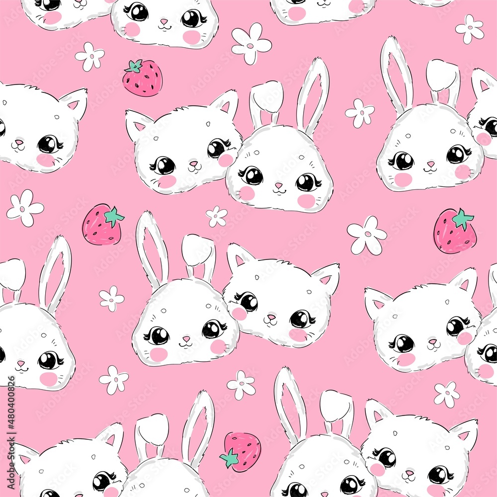 Seamless pattern hand drawn cute cat and bunny with daisy flowers vector illustration childish design print for baby textiles Pink background