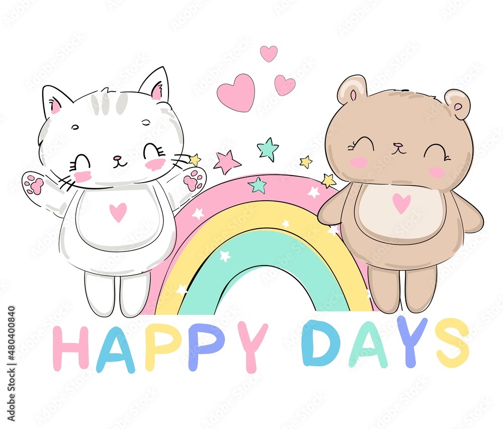 Bear and Cat Sit with Rainbow Childrens Cute Print Vector Illustration Inscription Happy Day Bear and Cat Sit with Rainbow Childrens Cute Print Vector Illustration Inscription Happy Day