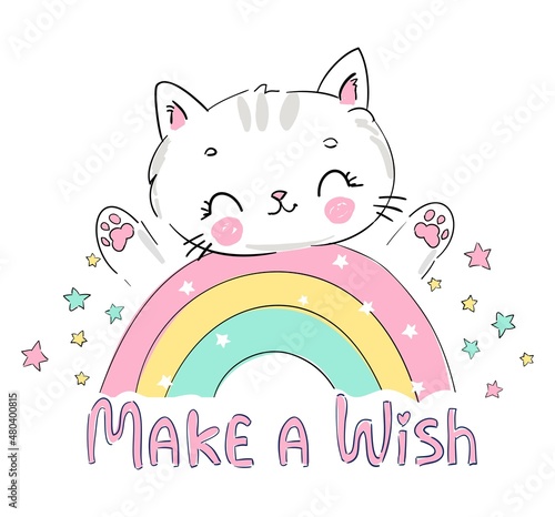 Hand drawn cute cat and rainbow Cartoon character vector illustration. Kitten Childish design print