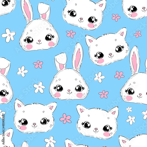 Seamless pattern hand drawn cute cat and bunny with daisy flowers vector illustration childish design print for baby textiles blue background