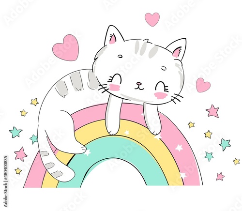 Hand drawn cute cat and rainbow cartoon character vector illustration childish design print